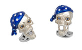 Sterling Silver Pirate Skull Cufflinks with Blue Bandana and Sapphire Eyes