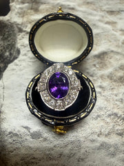 Platinum amethyst and diamond cluster ring in "Art Deco" style