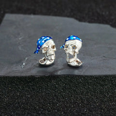 Sterling Silver Pirate Skull Cufflinks with Blue Bandana and Sapphire Eyes