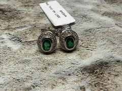 18ct white gold oval emerald and diamond cluster earrings